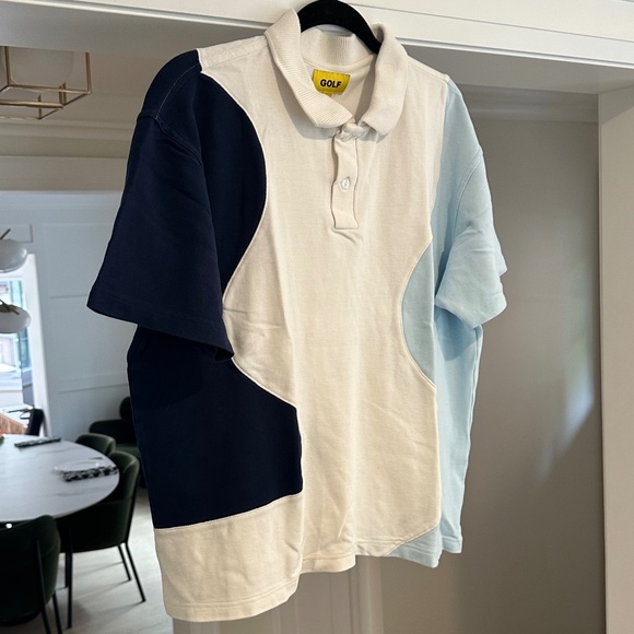 Men's GOLF WANG Navy/Sky Blue/White Ripple Knit Polo Shirt - Size XL - Picture 3 of 13